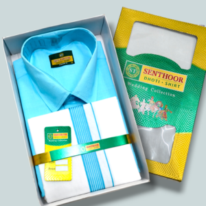 Senthoor Dhoti Shirt Wedding Collection – Sky Blue Shirt & White Dhoti with Blue Border