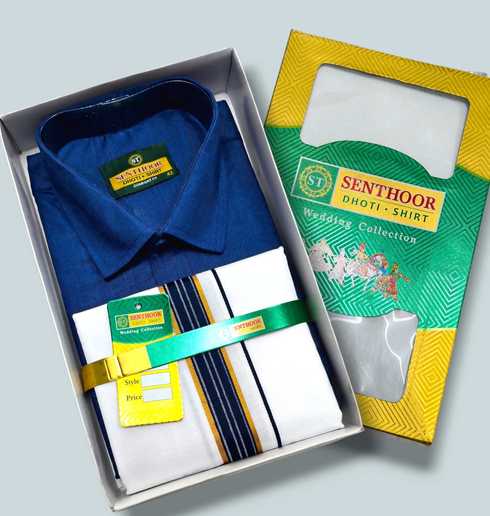 Senthoor Dhoti Shirt Wedding Collection – Royal Blue Shirt & White Dhoti with Navy-Gold Border