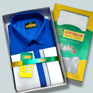 Senthoor Wedding Collection Men’s Blue Shirt & White Dhoti Set – Traditional Festive Gift Box Combo