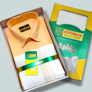 Senthoor Wedding Collection Men’s Peach Shirt & White Dhoti Set – Traditional Festive Gift Box Combo