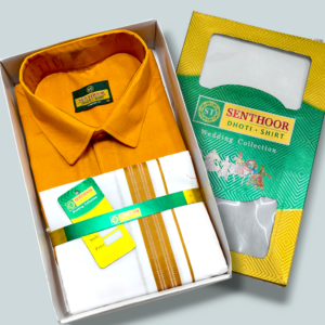 Senthoor Wedding Collection Men’s Mustard Shirt & White Dhoti Set – Traditional Festive Gift Box Combo