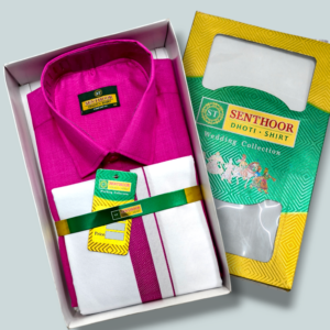 Senthoor Wedding Collection Men’s Rani Pink Shirt & White Dhoti Set – Traditional Festive Gift Box Combo