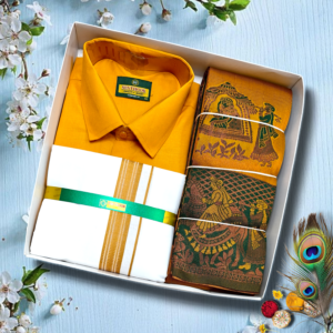 Senthoor Wedding Collection Men’s Mustard Shirt, White Dhoti & Designer Jacquard Angavastram Set – Premium Traditional Gift Box Combo