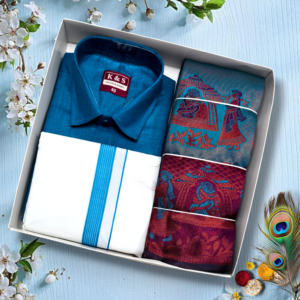 Men’s Traditional Dhoti & Shirt Gift Set with Designer Angavastram – Premium Festive Combo (Blue & Maroon)