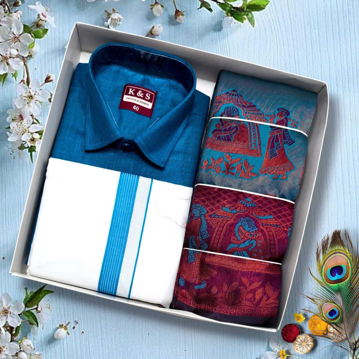 Men’s Traditional Dhoti & Shirt Gift Set with Designer Angavastram – Premium Festive Combo (Blue & Maroon)