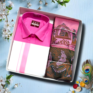 Men’s Traditional Dhoti & Shirt Gift Set with Designer Angavastram – Premium Festive Combo (Pink & Green)