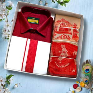 Men’s Traditional Dhoti & Shirt Gift Set with Designer Angavastram – Premium Festive Combo (Maroon & Red)