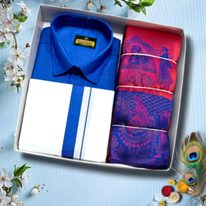 Men’s Traditional Dhoti & Shirt Gift Set with Designer Angavastram – Premium Festive Combo (Royal Blue & Pink)