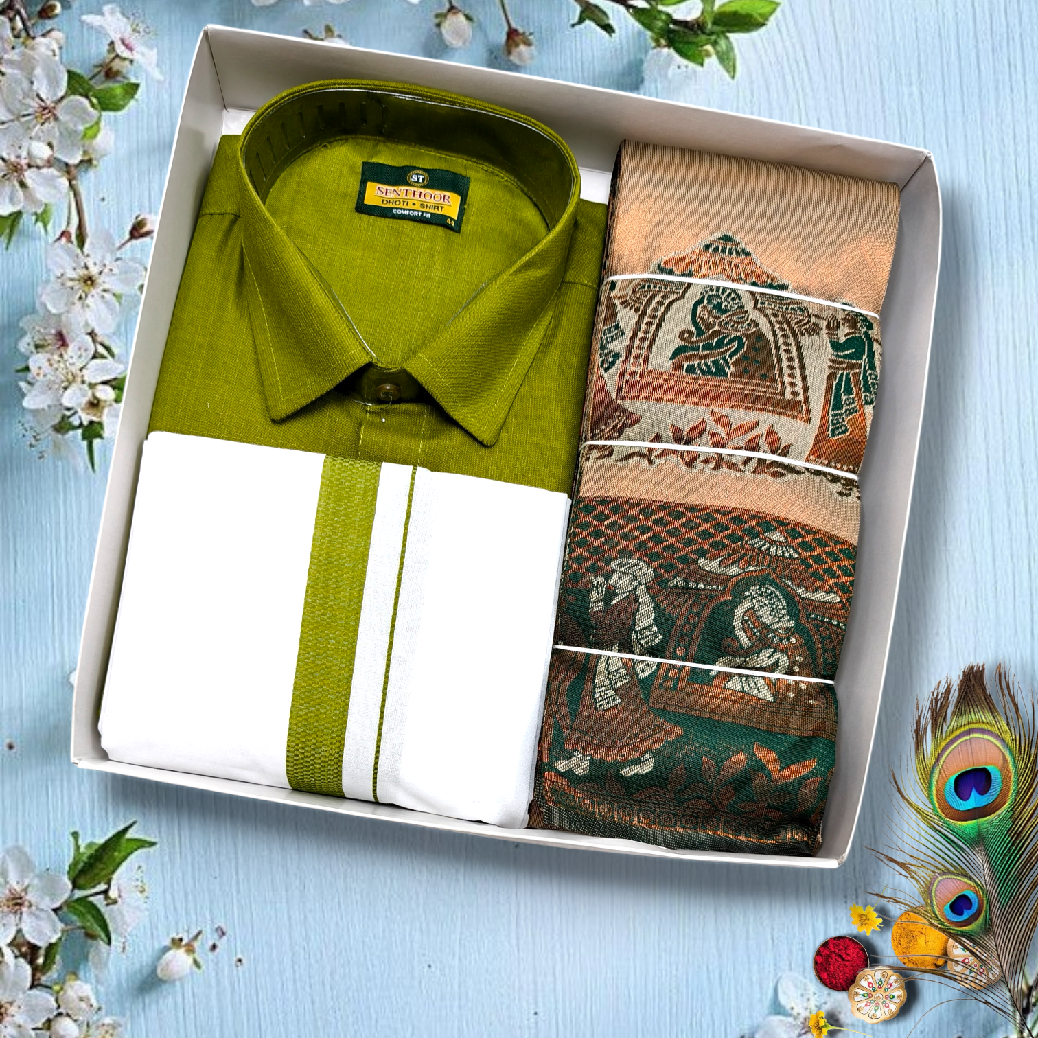 Men’s Traditional Dhoti & Shirt Gift Set with Designer Angavastram – Premium Festive Combo (Olive Green & Brown)