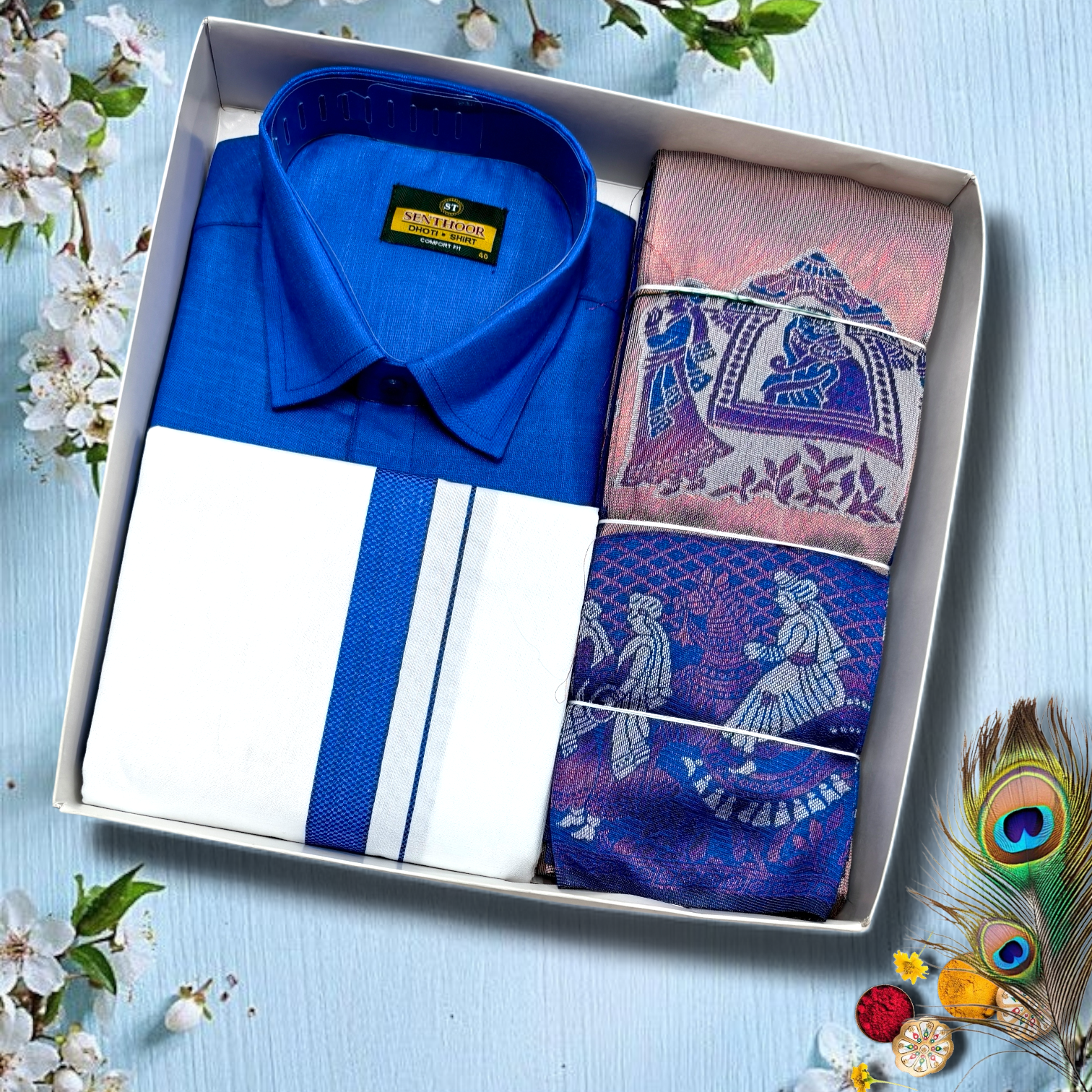 Men’s Traditional Dhoti & Shirt Gift Set with Designer Angavastram – Premium Festive Combo (Blue & Lavender)