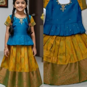 Teal Blue Mustard Pattu Pavadai Set