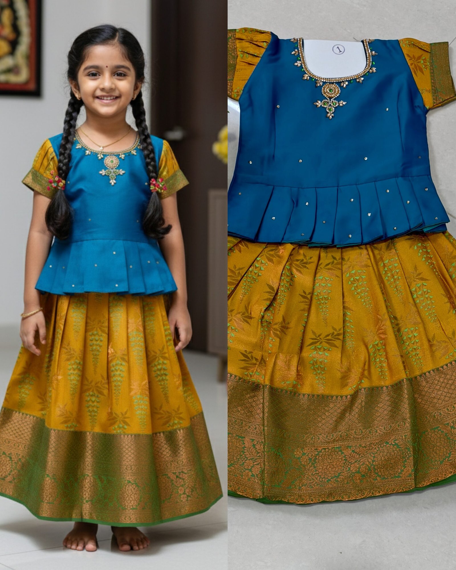 Girls Traditional Pattu Pavadai Dress Set  Age1 – Teal Blue Peplum Top with Mustard Gold Silk Lehenga (Festive Wear)