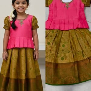 Girls Traditional Pattu Pavadai Dress Set Age2– Pink Peplum Top with Gold Printed Silk Lehenga (Festive Wear)