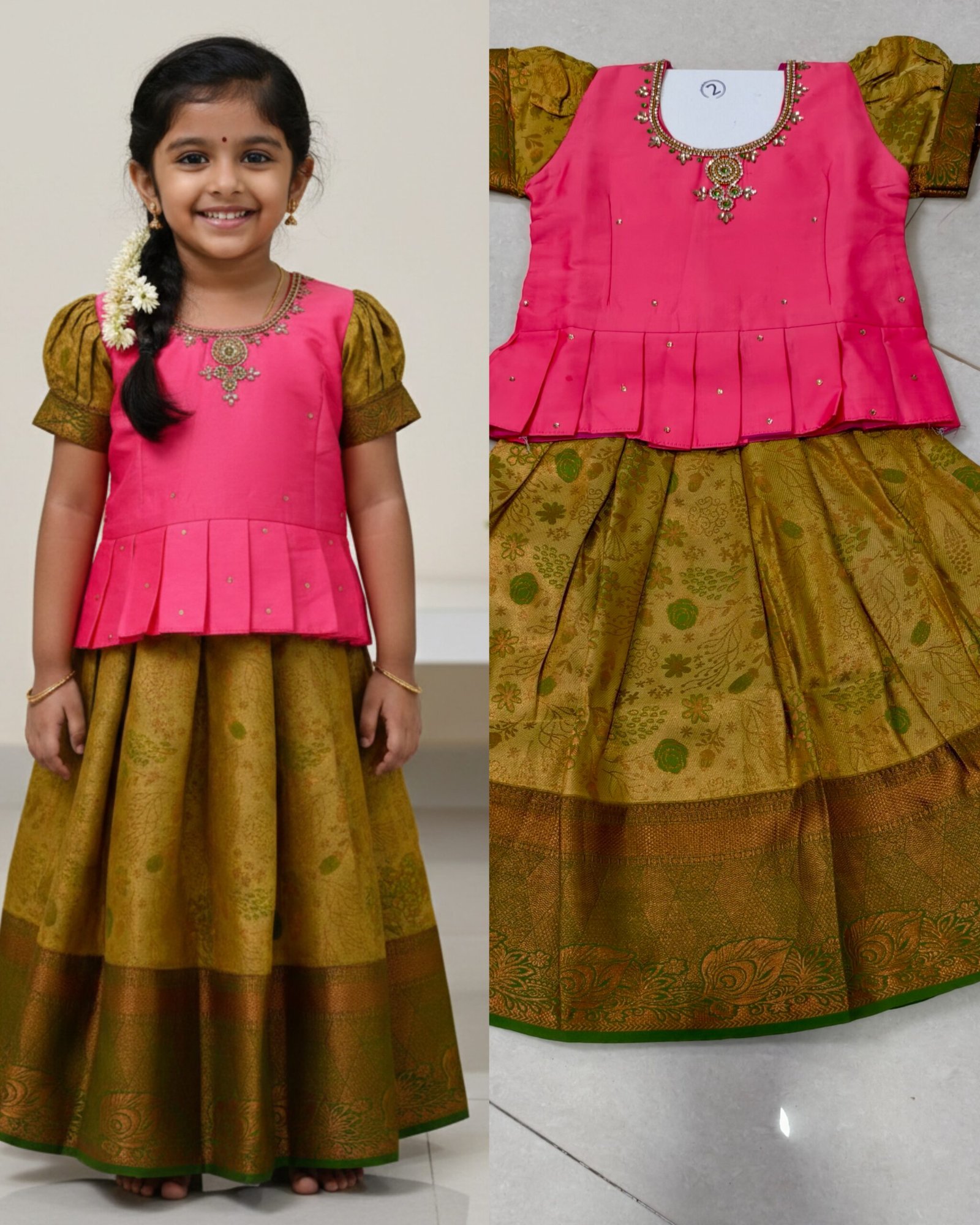 Girls Traditional Pattu Pavadai Dress Set Age2– Pink Peplum Top with Gold Printed Silk Lehenga (Festive Wear)