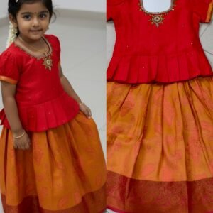 Girls Traditional Pattu Pavadai Dress Set Age3 – Red Peplum Top with Orange Silk Lehenga (Festive Wear)