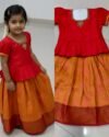 Girls Traditional Pattu Pavadai Dress Set Age3 – Red Peplum Top with Orange Silk Lehenga (Festive Wear)
