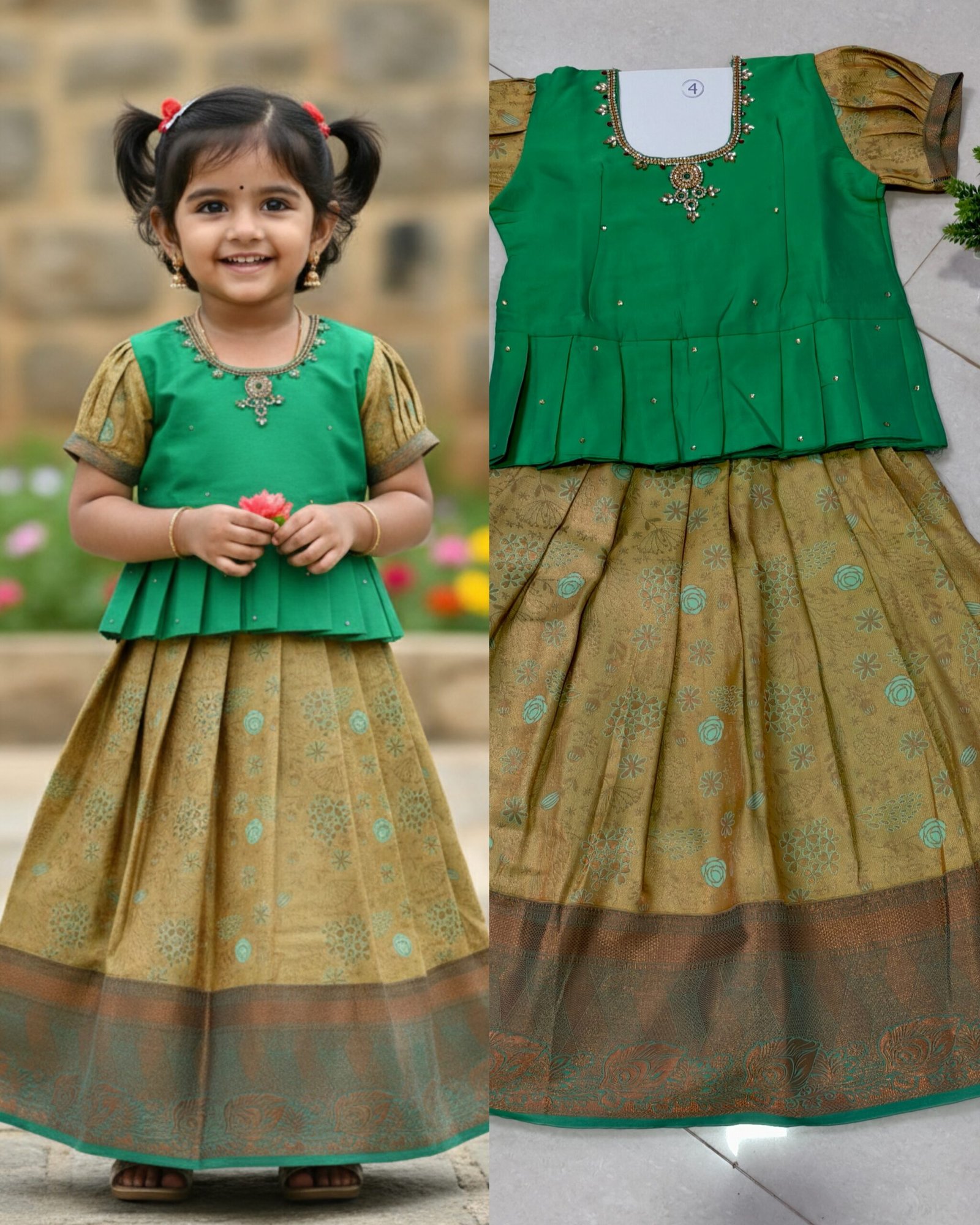 Girls Traditional Pattu Pavadai Dress Set – Green Peplum Top with Gold Printed Lehenga (Festive Wear)