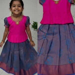 Girls Traditional Pattu Pavadai Dress Set Age5– Rani Pink Peplum Top with Steel Blue Silk Lehenga (Festive Wear)
