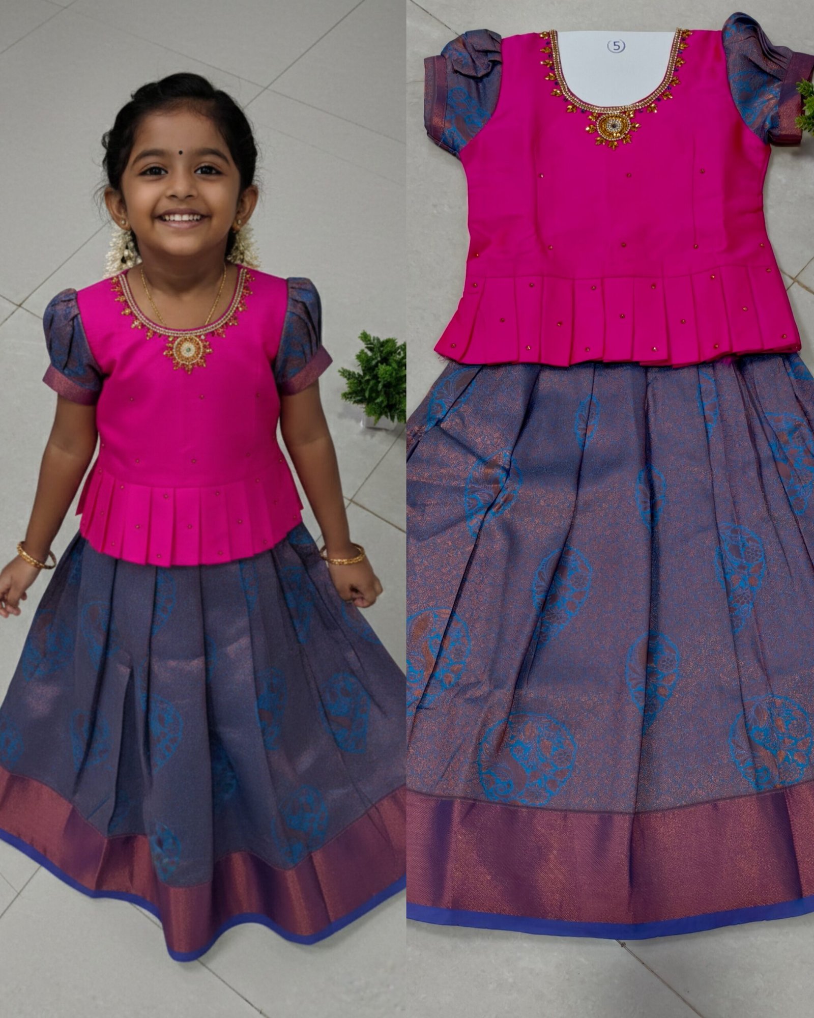 Girls Traditional Pattu Pavadai Dress Set Age5– Rani Pink Peplum Top with Steel Blue Silk Lehenga (Festive Wear)