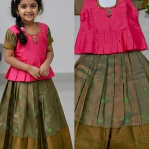 Girls Traditional Pattu Pavadai Dress Set Age6 – Pink Peplum Top with Olive Green Silk Lehenga (Festive Wear)