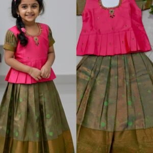 Pink Olive Green Pattu Pavadai Set