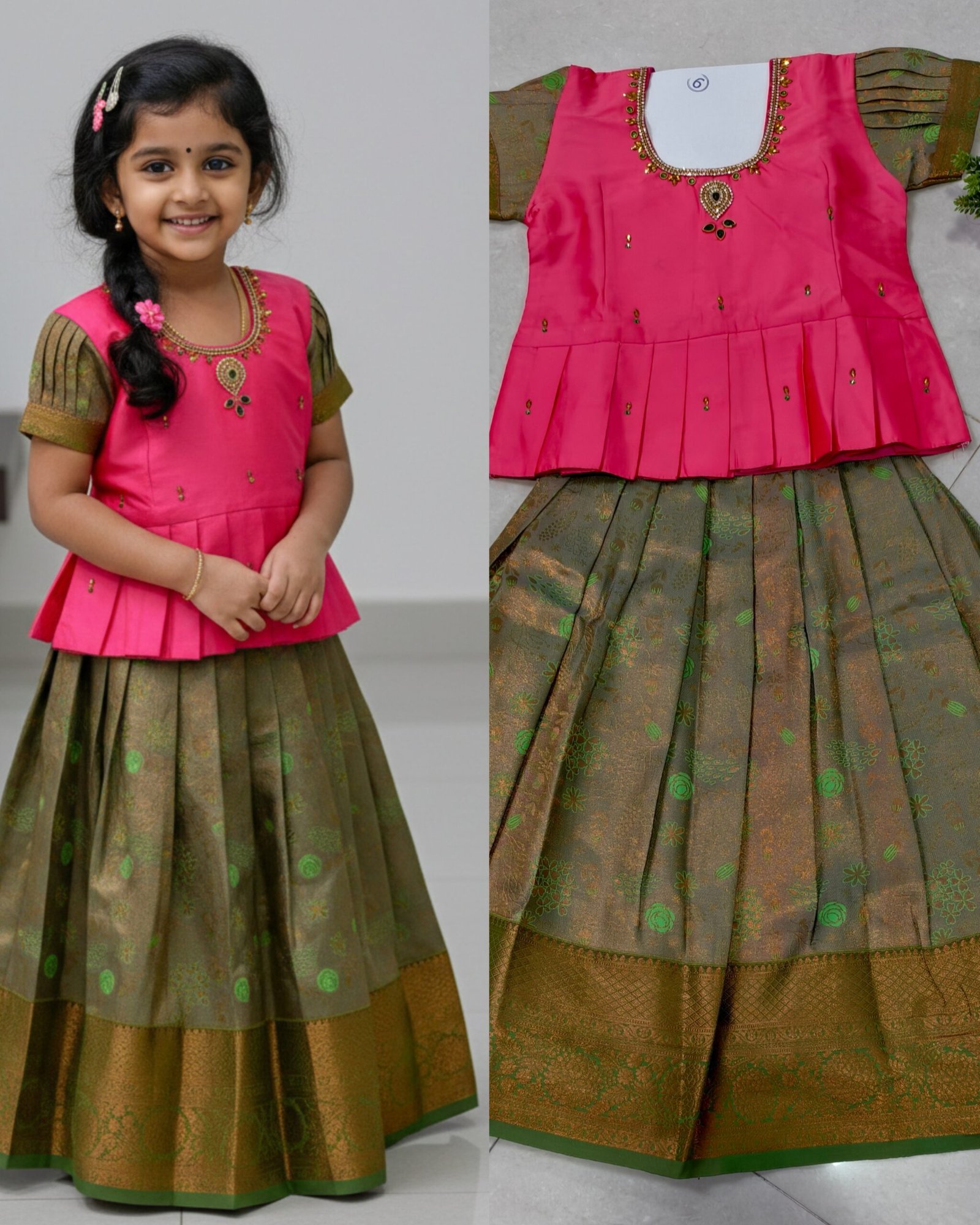 Girls Traditional Pattu Pavadai Dress Set Age6 – Pink Peplum Top with Olive Green Silk Lehenga (Festive Wear)