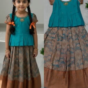 Girls Traditional Pattu Pavadai Dress Set Age7 – Teal Green Peplum Top with Copper Brocade Silk Lehenga (Festive Wear)