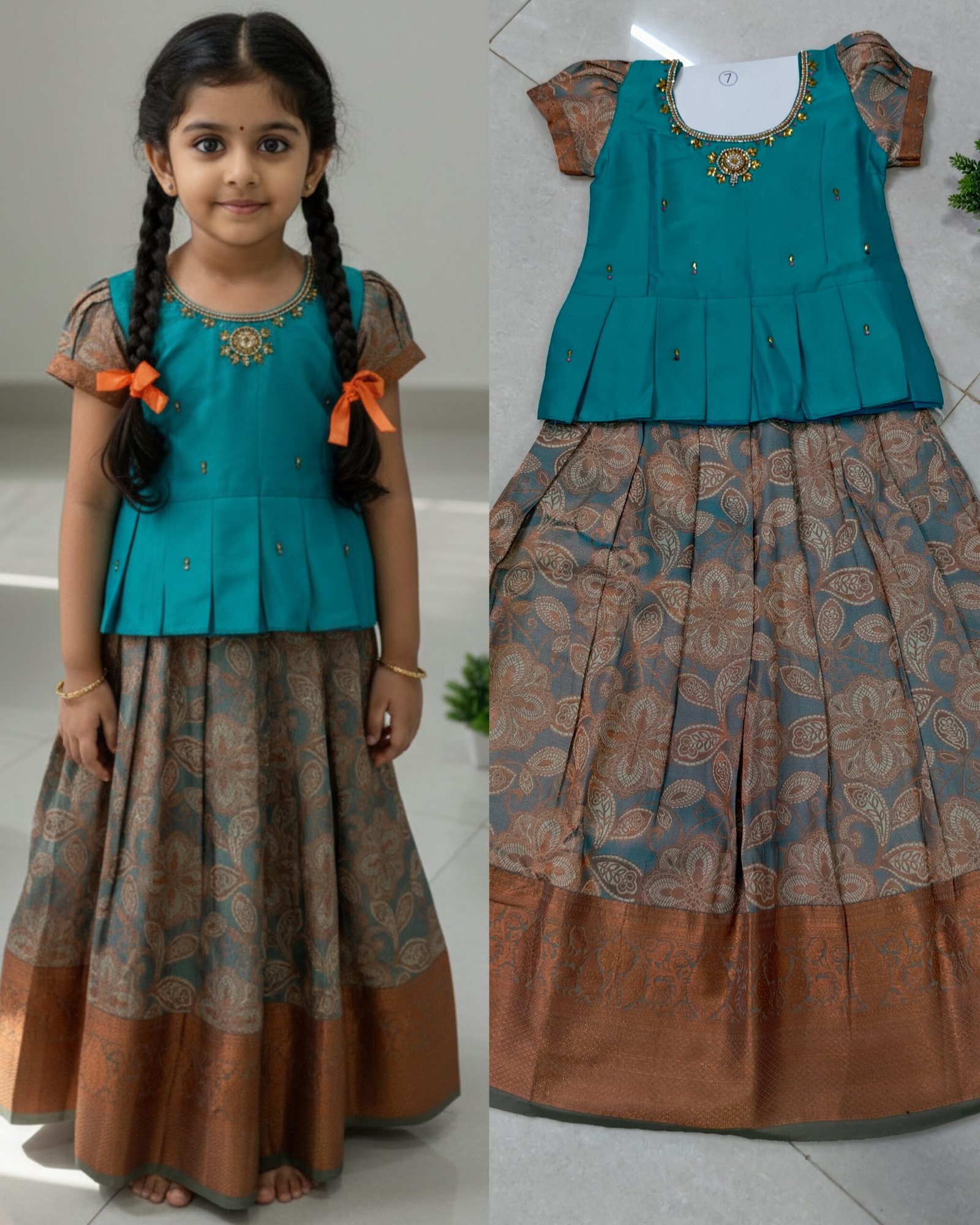 Girls Traditional Pattu Pavadai Dress Set Age7 – Teal Green Peplum Top with Copper Brocade Silk Lehenga (Festive Wear)