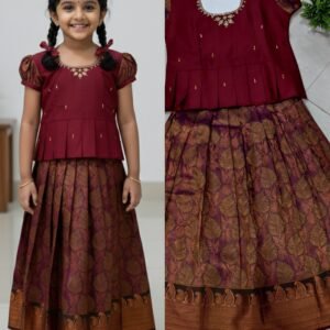 Maroon & Gold Brocade Pattu Pavadai Set for Girls Age9 – Traditional Festive Wear with Pleated Skirt and Embellished Blouse