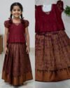 Maroon & Gold Brocade Pattu Pavadai Set for Girls Age9 – Traditional Festive Wear with Pleated Skirt and Embellished Blouse