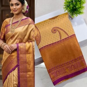 Senthoor Golden Kanjivaram Silk Saree with Magenta Zari Border