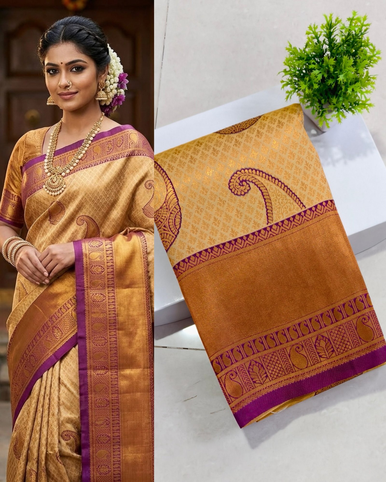 Senthoor Golden Kanjivaram Silk Saree with Magenta Zari Border