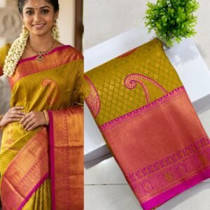 Senthoor Mustard Green Kanjivaram Silk Saree with Pink Zari Border
