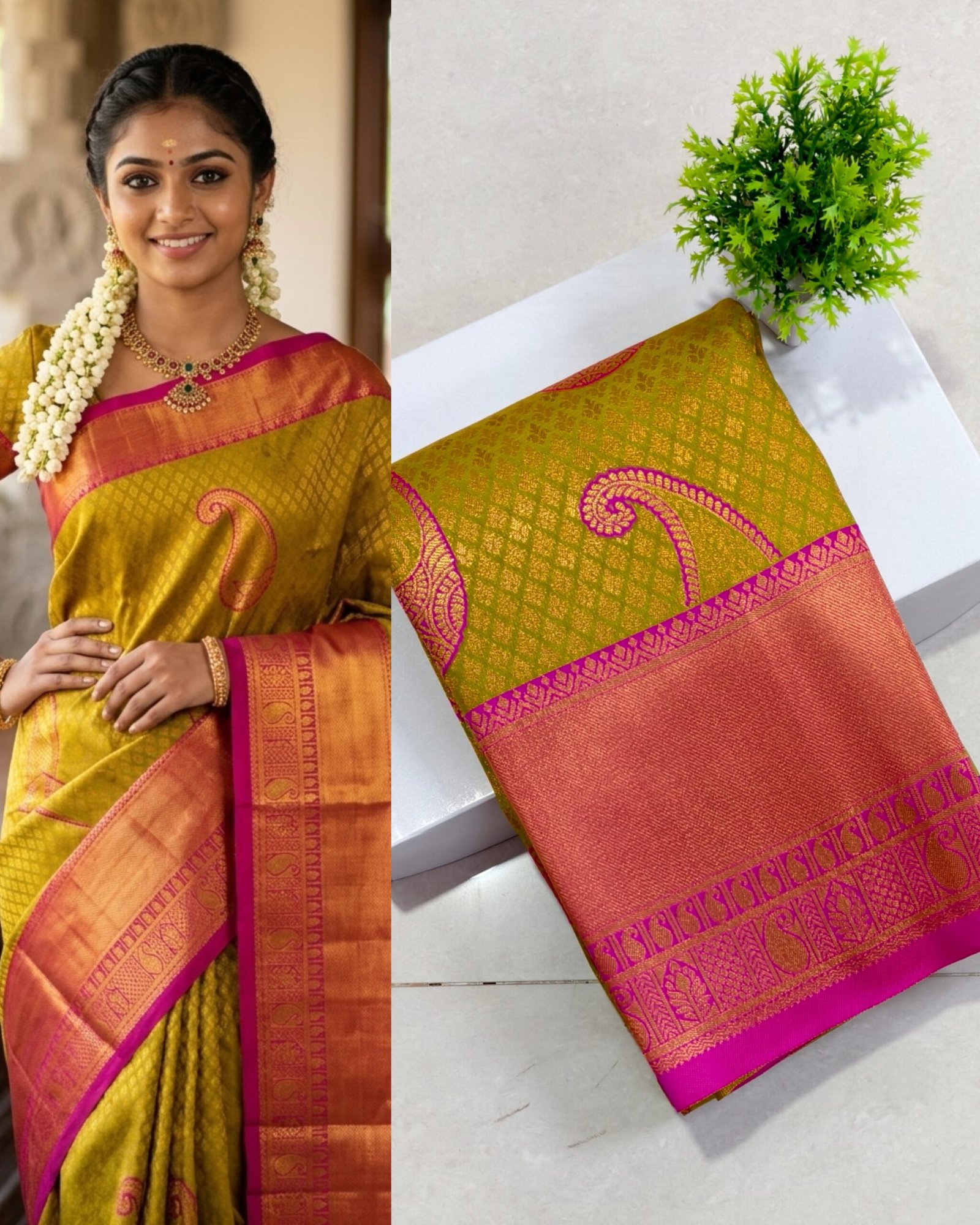 Senthoor Mustard Green Kanjivaram Silk Saree with Pink Zari Border
