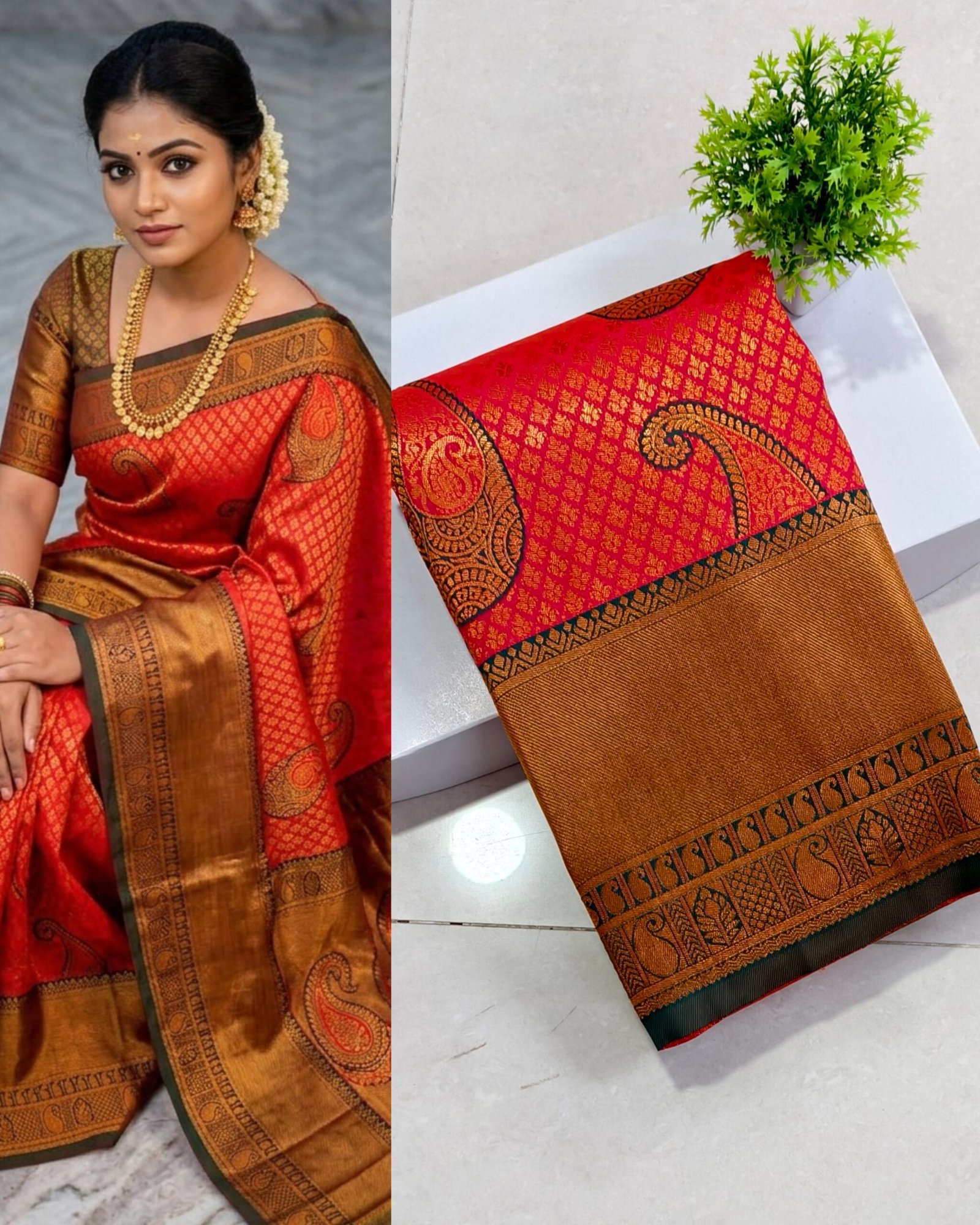 Senthoor Red Kanjivaram Silk Saree with Antique Gold Zari Border