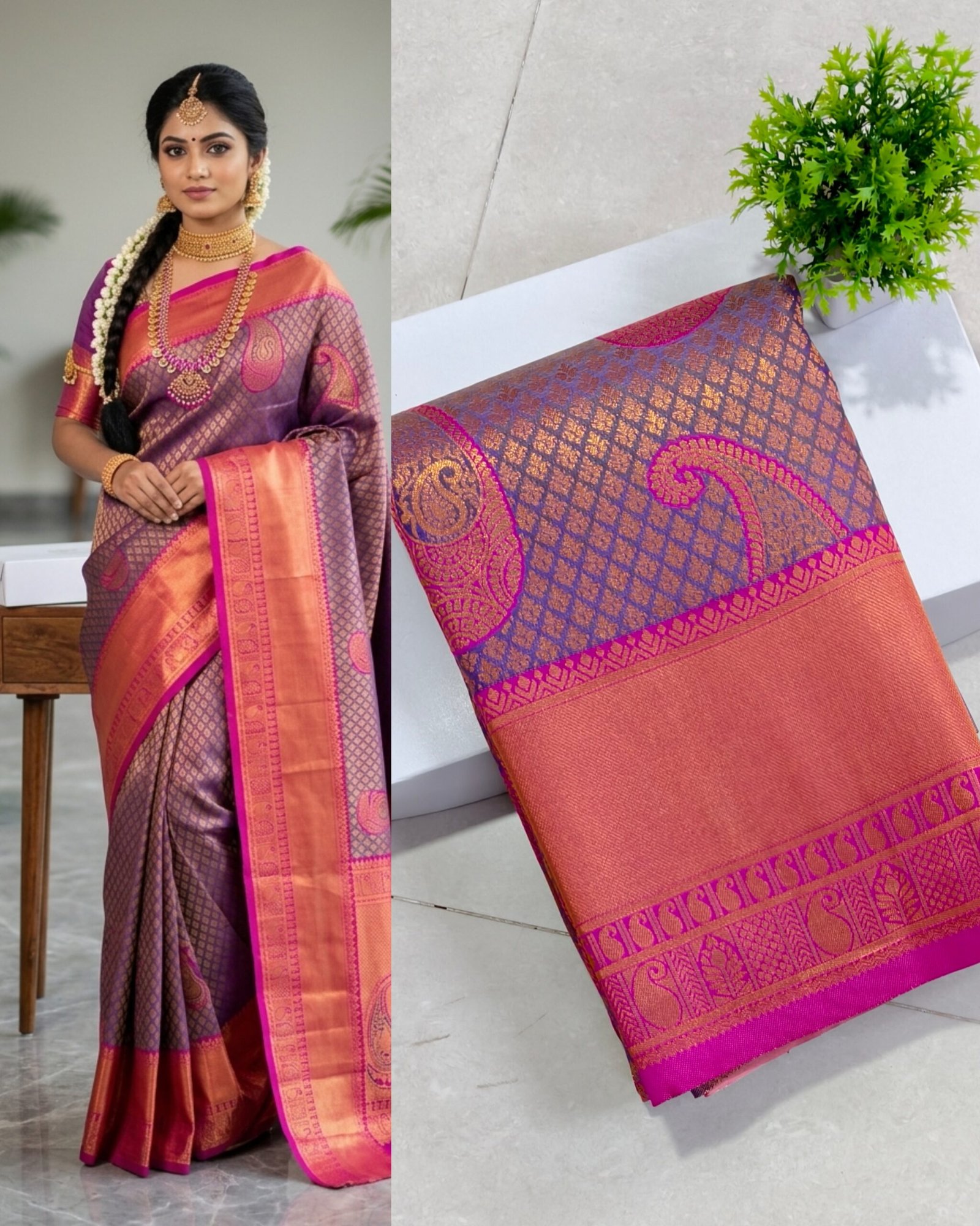 Senthoor Lavender Purple Kanjivaram Silk Saree with Pink Zari Border