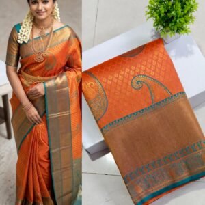 Senthoor Orange Kanjivaram Silk Saree with Teal Zari Border