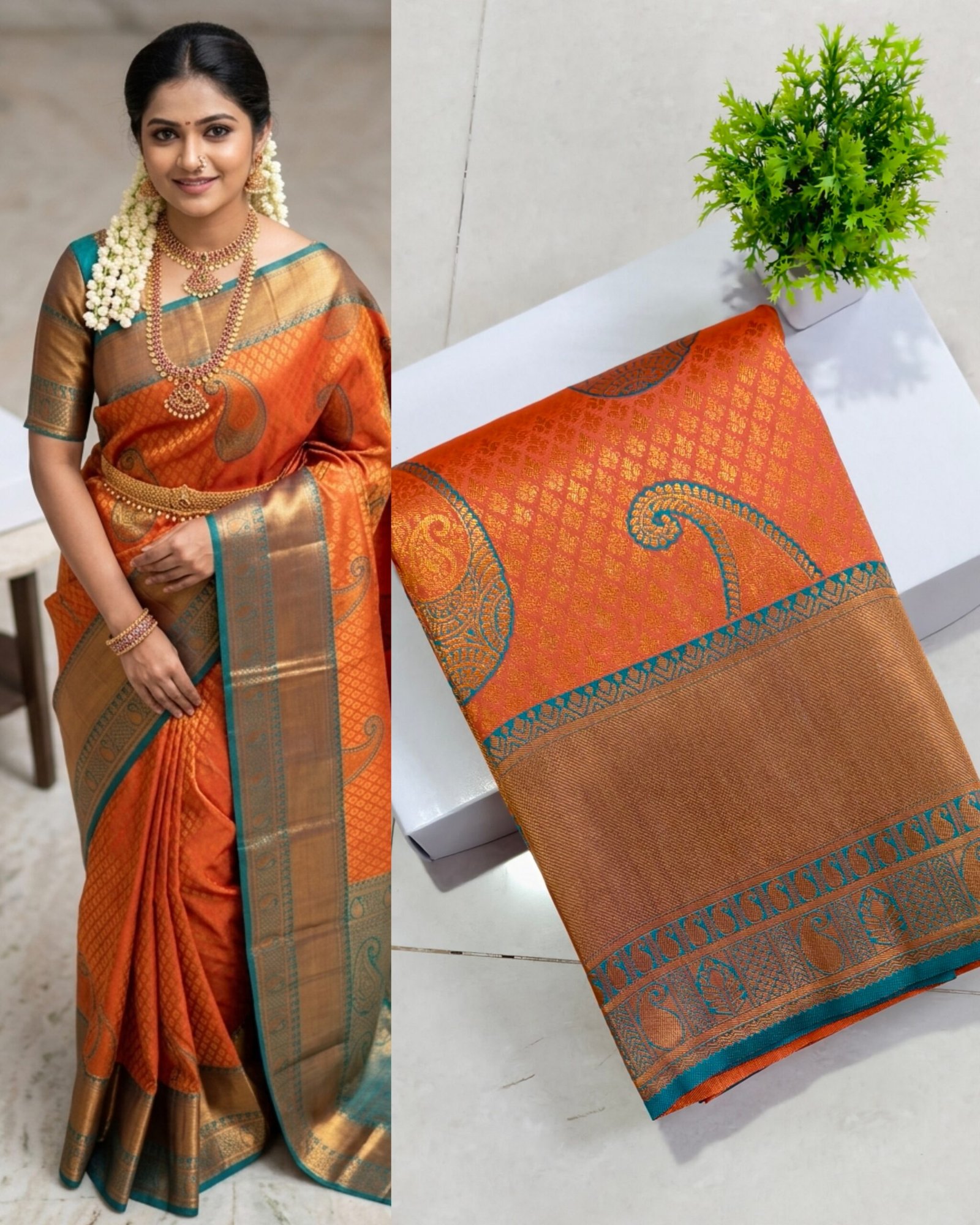 Senthoor Orange Kanjivaram Silk Saree with Teal Zari Border