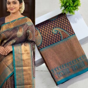 Senthoor Navy Blue Kanjivaram Silk Saree with Teal Zari Border