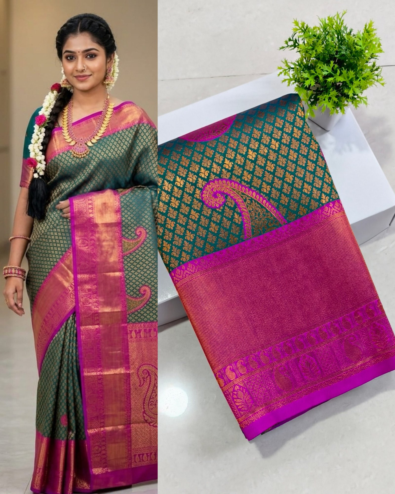 Senthoor Bottle Green Kanjivaram Silk Saree and Pink with Rich Zari Border