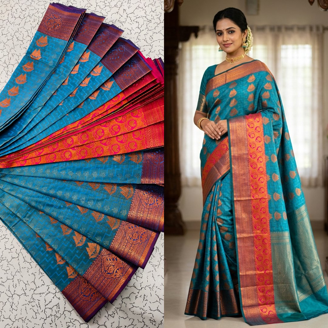 Royal Blue & Pink Traditional Silk Saree with Rich Zari Border Putta Embose Saree