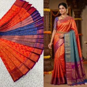 Orange & Royal Blue Kanchipuram Silk Saree with Rich Zari Border and Contrast Pallu Putta Embose Saree