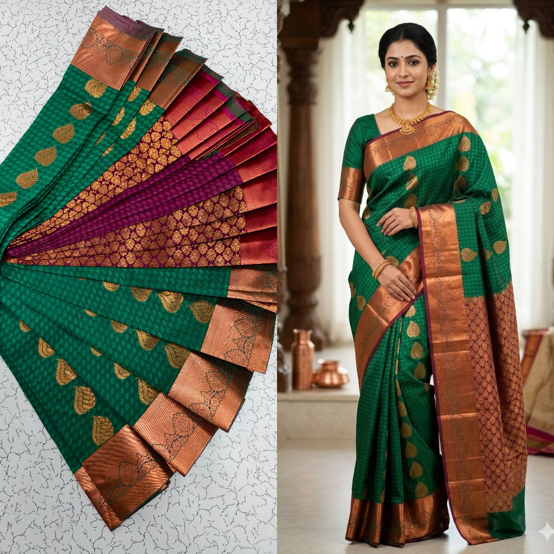 Emerald Green & Copper Zari Kanchipuram Silk Saree with Traditional Leaf Putta Embose Saree