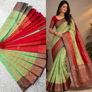 Mint Green & Red Kanchipuram Silk Saree with Rich Zari Border Putta Embose