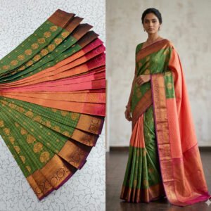 Emerald Green Kanjivaram Silk Saree with Peach Pink Contrast Pallu & Rich Zari Border Putta Embose Saree