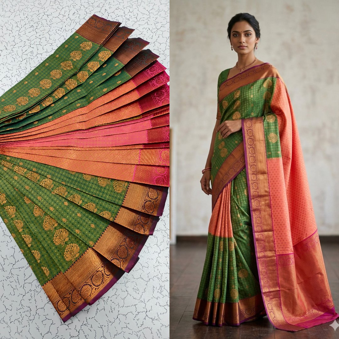 Emerald Green Kanjivaram Silk Saree with Peach Pink Contrast Pallu & Rich Zari Border Putta Embose Saree
