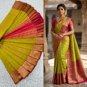 Parrot Green Kanjivaram Silk Saree with Rani Pink Contrast Pallu & Gold Zari Border Putta Embose Saree