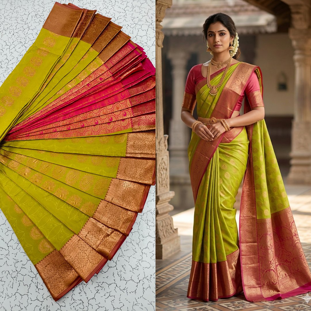 Parrot Green Kanjivaram Silk Saree with Rani Pink Contrast Pallu & Gold Zari Border Putta Embose Saree