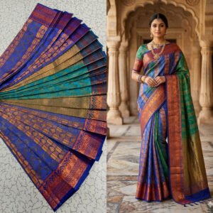 Royal Blue & Emerald Green Kanjivaram Silk Saree with Rich Copper Zari Border Putta Embose Saree