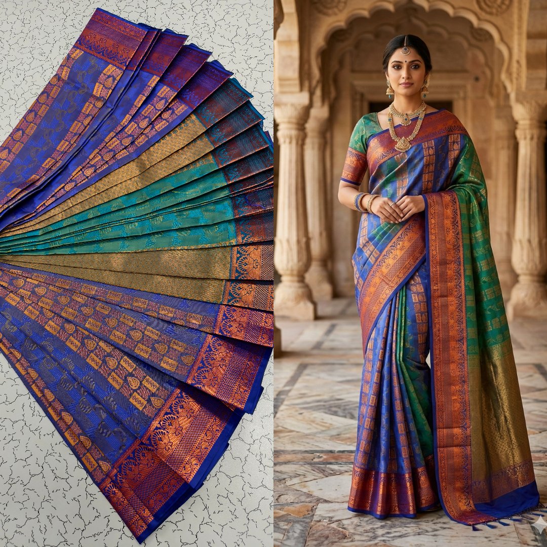 Royal Blue & Emerald Green Kanjivaram Silk Saree with Rich Copper Zari Border Putta Embose Saree